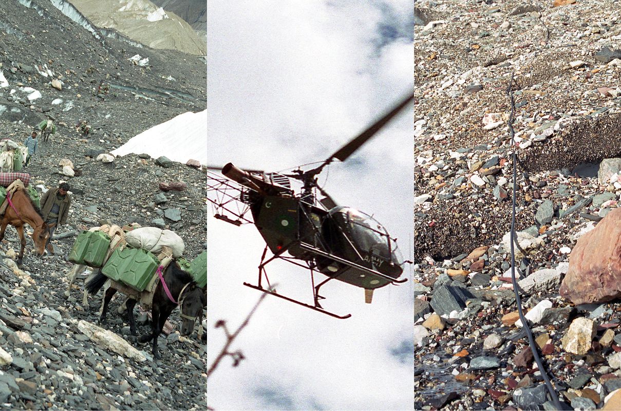 06 Pakistani Army - Horses Carry Army Supplies, Army Helicopter, Army Wire Snakes Along Baltoro Glacier